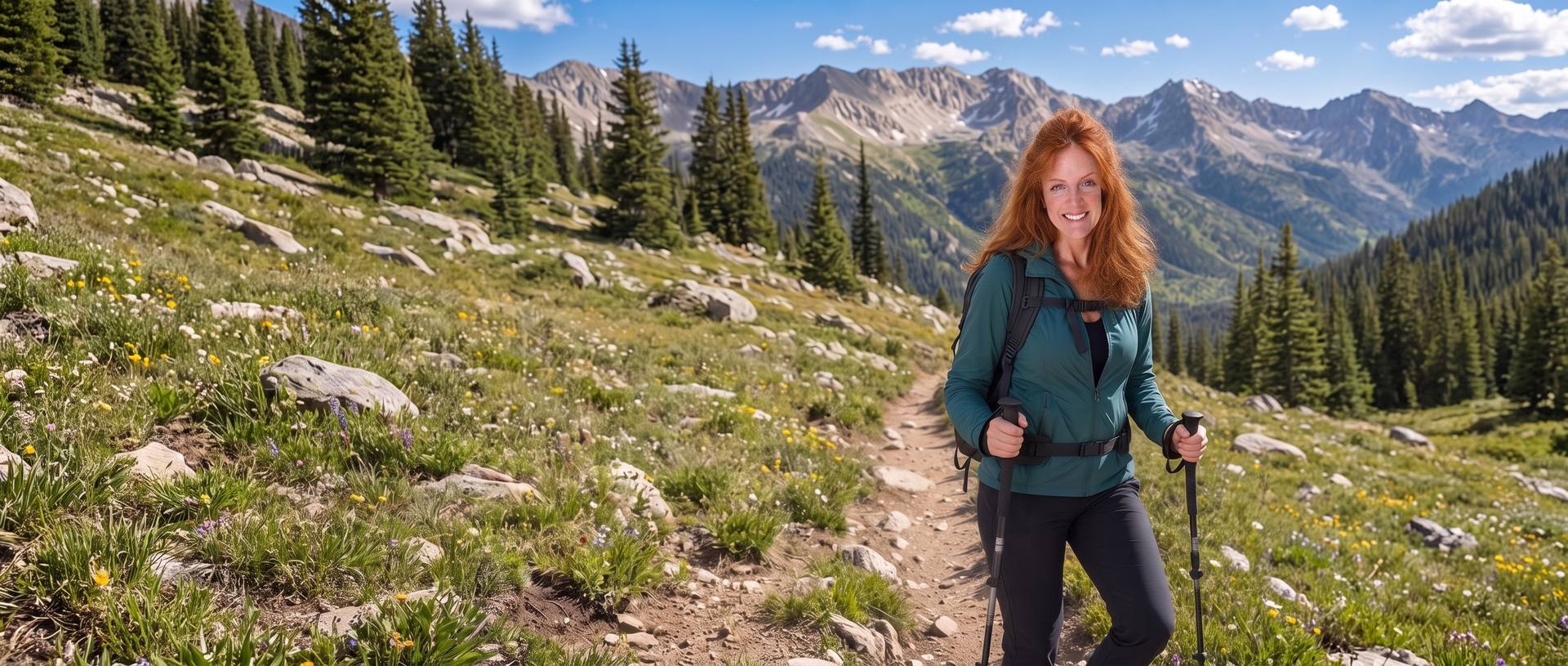 Annette Thompson on a mountain trail with trekking poles, wildflowers and pine forest around her and a wide valley behind.