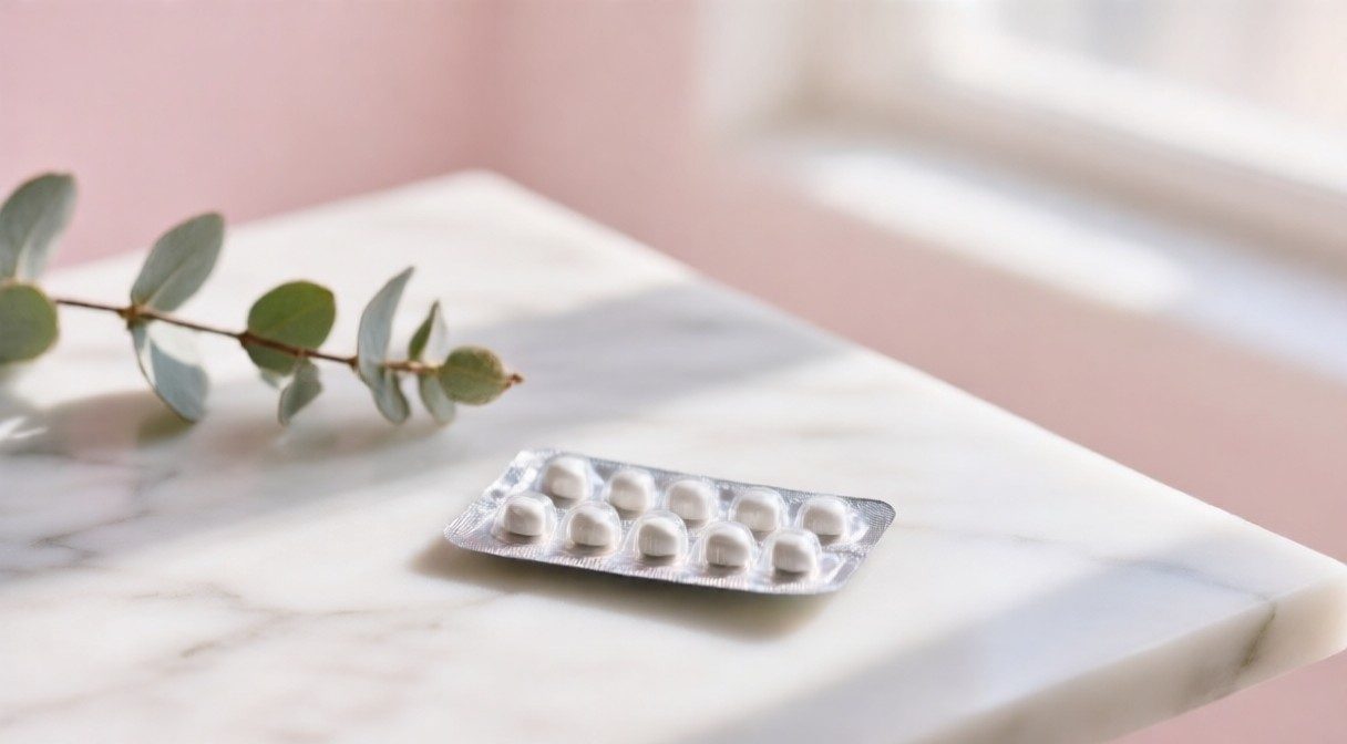 A blister pack of birth control pills on a sunlit marble surface with a sprig of eucalyptus, evoking how the pill alters free testosterone through SHBG.